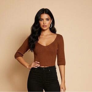 Stradivarius Brown Ribbed Crop Top